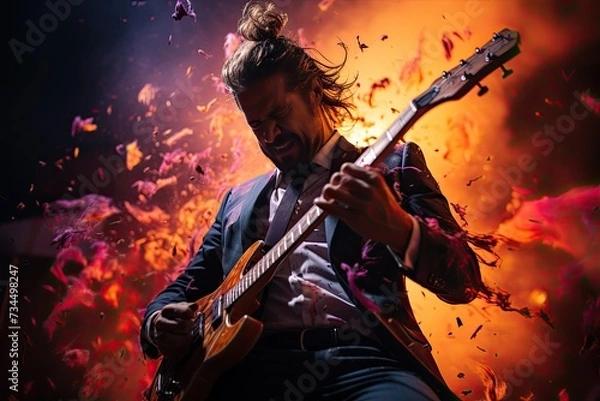 Fototapeta Guitar Solo: A guitarist standing at the edge of the stage, shredding a fiery solo under colorful spotlights