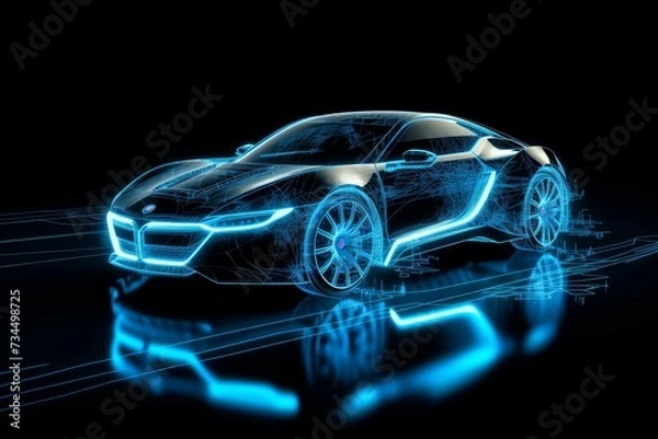 Fototapeta A holographic 3D render of a sports car with a futuristic interface, showcasing a high-tech vehicle design concept on a dark background.