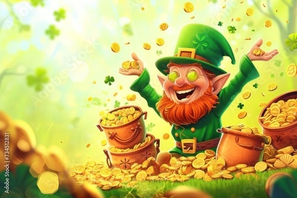 Fototapeta Cartoon organism, a leprechaun, happily sitting in a pile of gold coins