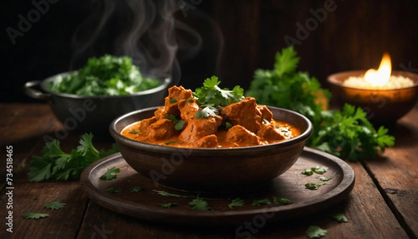 Fototapeta Close up shot of a steaming plate of butter chicken adorned with fresh cilantro leaves, sitting invitingly on a rustic dark wooden table, the creamy sauce glistening under the warm lighting