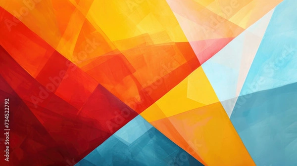 Fototapeta Geometric abstract capturing the essence of summer heat with a palette of bright oranges, reds, and yellows, contrasted against a crisp blue sky background. 