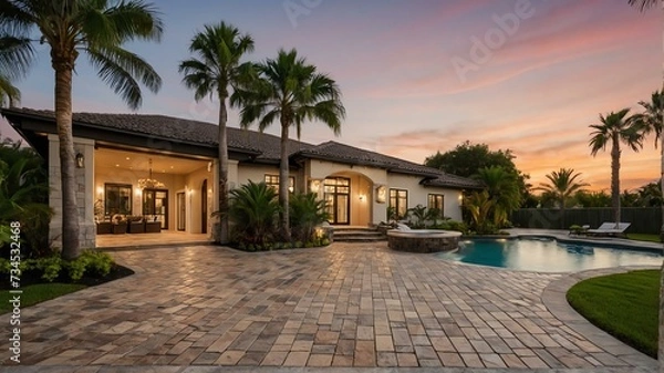 Fototapeta Luxury home with paver block driveway, palm trees, greenery landscaping and swimming pool at sunset from Generative AI