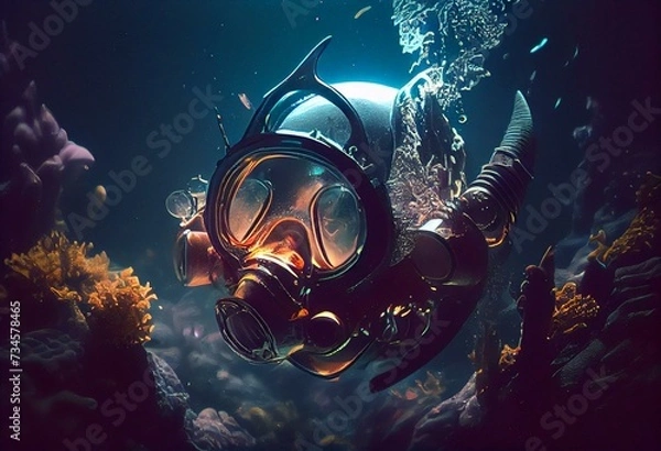 Fototapeta Underwater Creature diving in deep wearing Oxygen mask. Generative AI