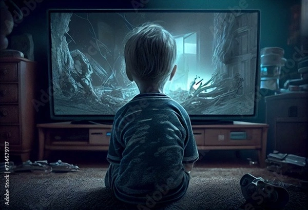 Fototapeta un enfant regarde un film d'horreur à la télé, il a peur, programme interdit aux enfant, danger des écrans, concept - illustration ia. Generative AI