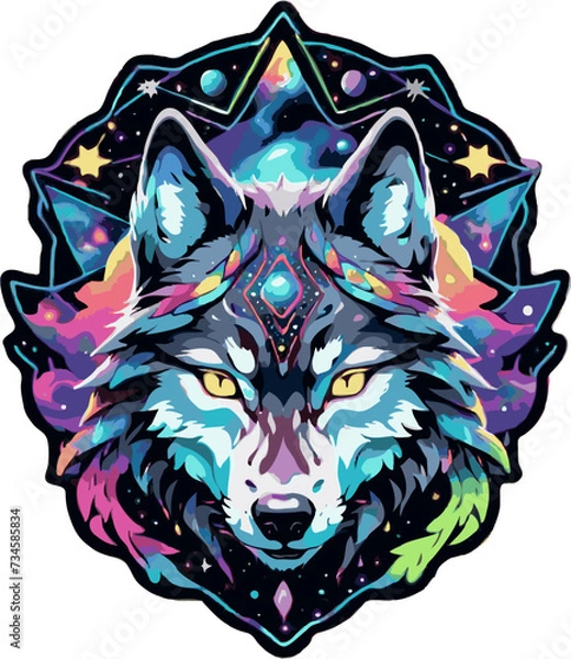 Obraz Wolf head interlaced with cosmic galaxies vibrant and dynamic die cut sticker design
