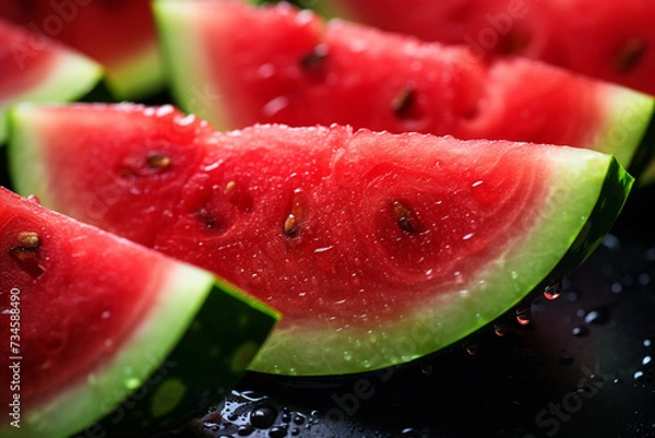 Fototapeta Close up of fresh watermelon slices on black background with water drops