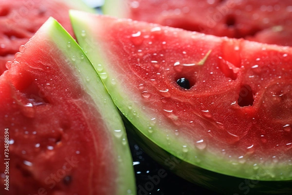 Fototapeta Close up of fresh watermelon slices on black background with water drops