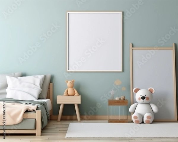 Obraz Cozy Child's Bedroom Interior with Plush Toys and Blank Picture Frame