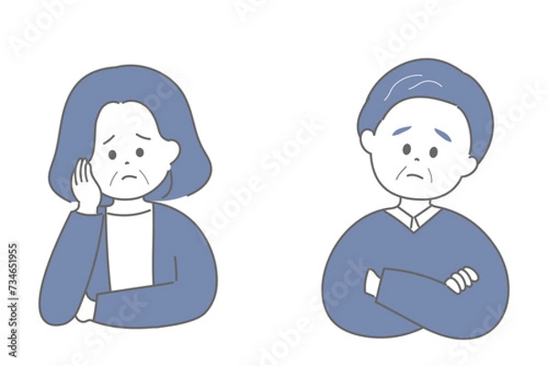 Fototapeta 悩んでいる高齢の男女のイラスト
