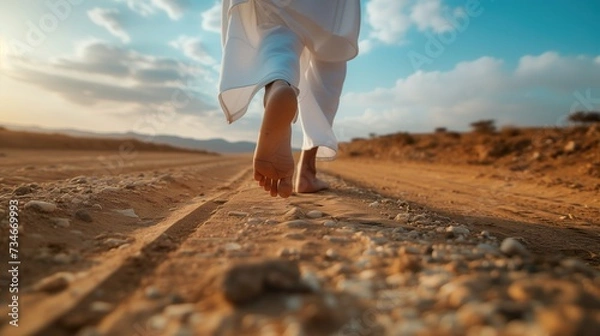 Fototapeta A person's journey captured mid-step, barefoot on a desert path, symbolizing a quest for spiritual awakening amidst vast, arid landscapes