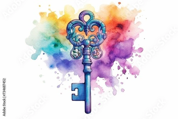 Fototapeta Colorful heart-shaped key depicted in watercolor cartoon style. Generative AI