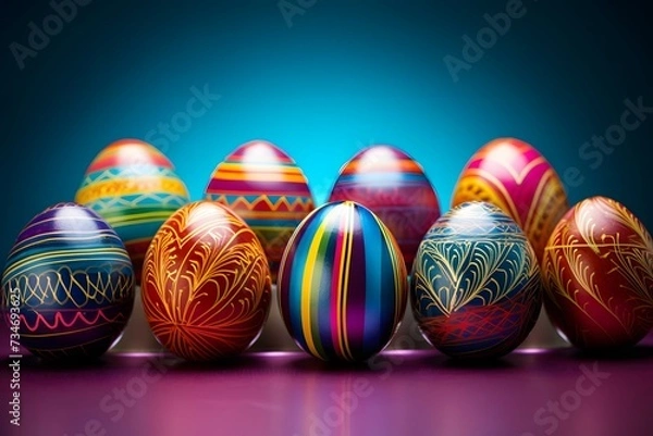 Fototapeta A captivating collection of hand-painted Easter eggs with intricate designs and vibrant colors against a dark background