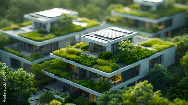 Fototapeta Sustainable green building. Eco-friendly building. Sustainable glass office building with tree for reducing carbon dioxide. Office with green environment. Corporate building reduce CO2. Safety glass.