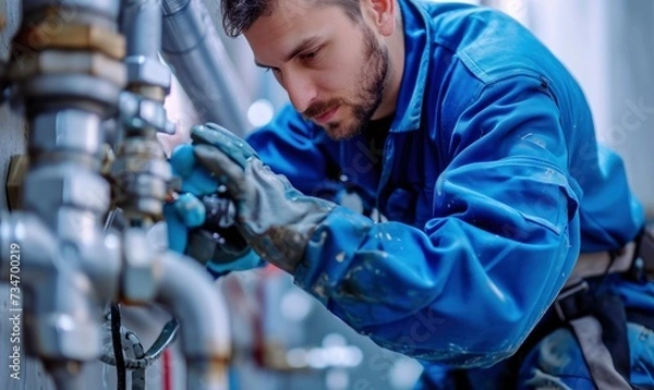 Fototapeta Plumber in blue suit checking or fixing water tubes in heating system in technician room