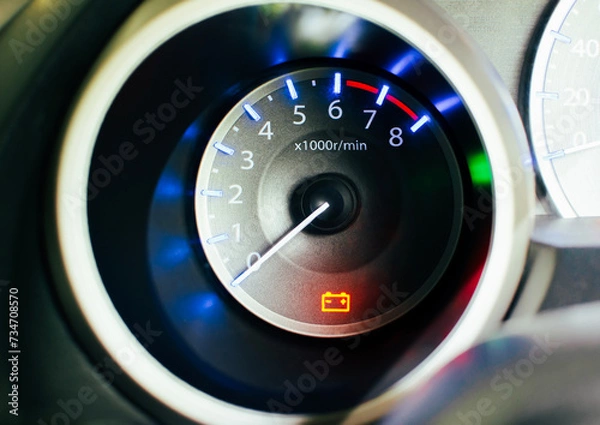 Fototapeta Car battery warning light on instrument panel of car, battery problem , Car maintenance concept