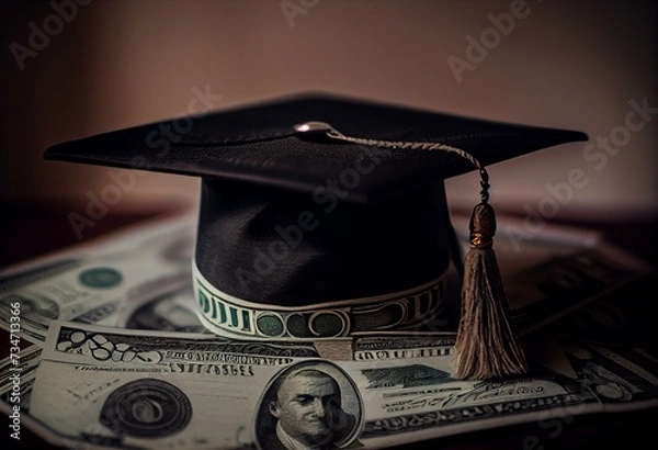 Obraz Graduation cap on the stack of money. Student loan concept. Generative AI