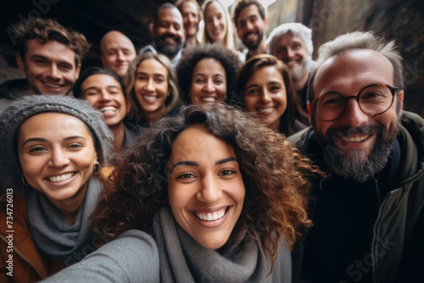 Fototapeta Group of people posing together and taking selfie. This image can be used to showcase friendship, social gatherings, or capturing moments with loved ones