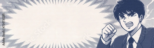 Obraz 劇画調のサラリーマンが大声で応援するイラストバナー