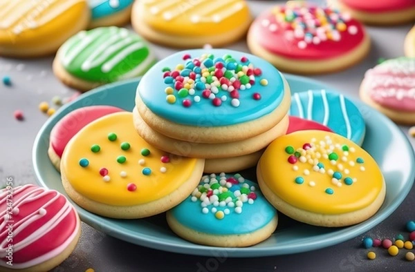 Fototapeta A plate of homemade sugar cookies decorated with frosting. round shaped cookies. glaze of bright colors. Sprinkled sugar balls of different colors on top. banner with space for text. light gray concre
