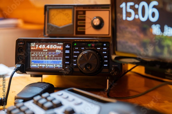 Fototapeta Modern HF radio transceiver with waterfall scope for communicating on amateur radio and emergency situations