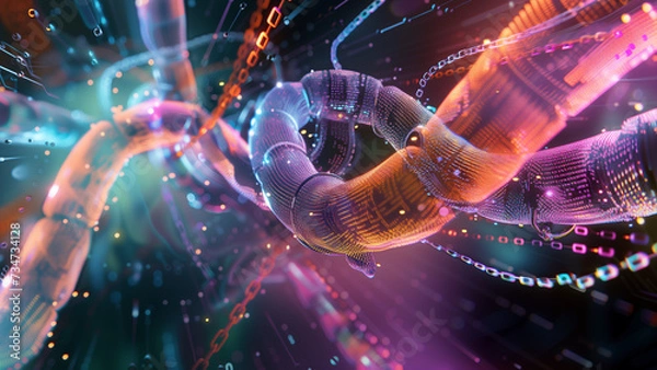 Fototapeta Data Dance: A Stream of Digital Information in Holographic Chains