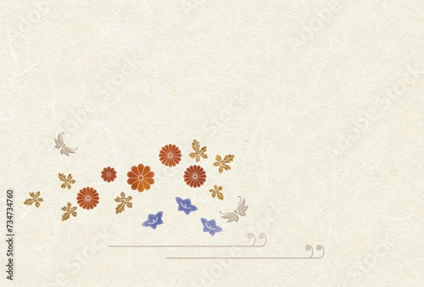 Fototapeta 四季の自然をイメージした和風素材　秋　菊、桔梗、蝶々　和紙　