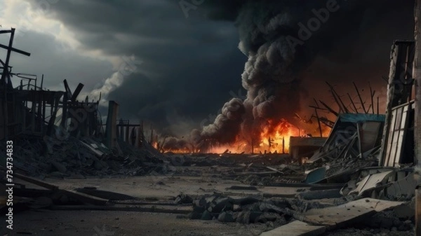 Fototapeta warzone with destroyed building fire and bombing