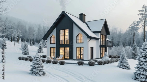 Fototapeta House nestled in snowy forest. Suitable for winter-themed designs and nature concepts