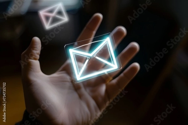 Fototapeta A person's hand engaging with a floating holographic email icon concept.