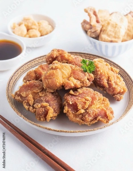Fototapeta Fried Chicken presented in a Tasteful Way - Japanese Karaage Fried Chicken - Battered Chicken Deep Fried