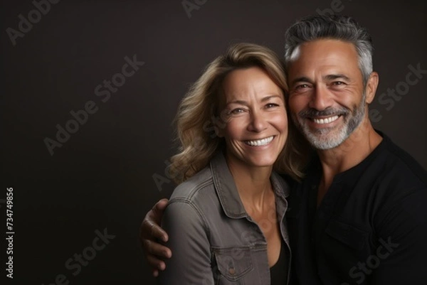 Obraz middle aged couple smiling on dark brown background