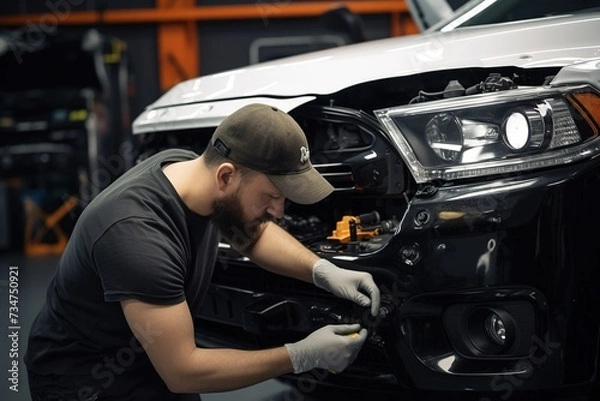 Obraz Focused mechanic working on a car's front end in a workshop