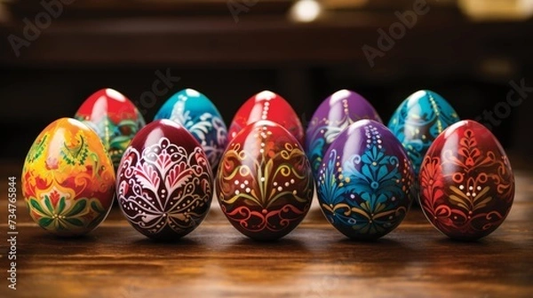 Fototapeta Intricately decorated easter eggs against rustic background with vibrant colors and lighting