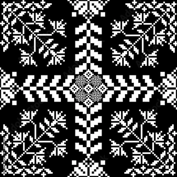 Fototapeta Floral pixel art pattern on white background. geometric ethnic oriental embroidery vector illustration. pixel style, abstract background, cross stitch. design for texture, fabric, cloth, scarf