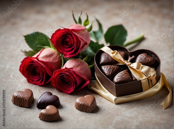 Fototapeta timeless appeal of romance with a classic image featuring a heart-shaped gift box filled with luxurious Valentine chocolates and surrounded by tender roses