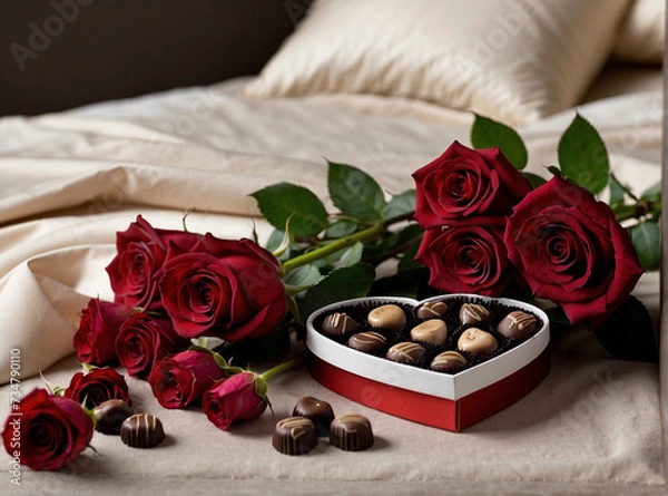 Fototapeta essence of indulgence and romance with a beautifully arranged heart-shaped gift box overflowing with luxurious Valentine chocolates, accompanied by a bouquet of tender roses