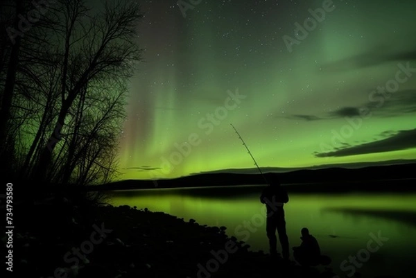 Fototapeta fisherman at lake under a night sky aglow with aurora from a geomagnetic storm