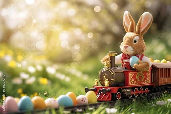 Fototapeta Cute little Easter bunny as a train conductor with.
