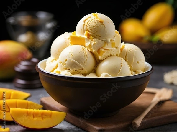 Fototapeta Colorful Fresh Fruity Sweet Dessert Ice Cream Bowl On The Table, Butter Creamy Cone Ice Cream, Chocolate Chip Cookies, Mango, Mint, Strawberry, Maple, Moose, Pistachio Ice Cream Splash Background