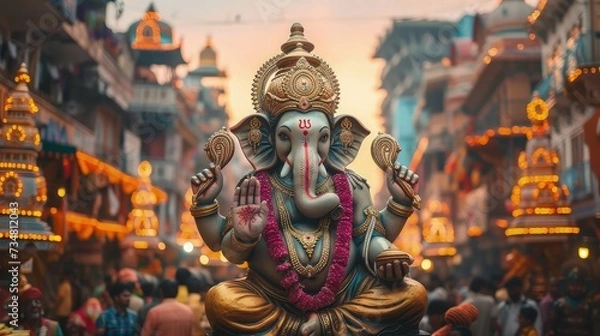 Fototapeta Ganesh Chaturthi Festive Procession with Elaborate Idols and Rhythmic Drumming