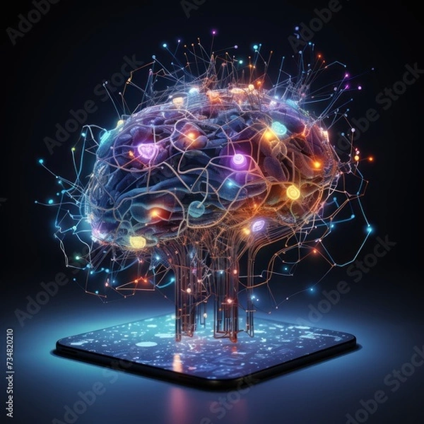 Obraz The technology simulates images of connectivity in the human brain with a modern digital design and similar to human intelligence. Great for business, technology, ideas, knowledge etc. Generative Ai