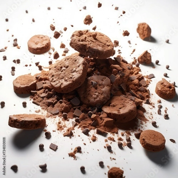 Fototapeta Delicately scattered chocolate biscuit crumbs: minimalist composition, top-down perspective