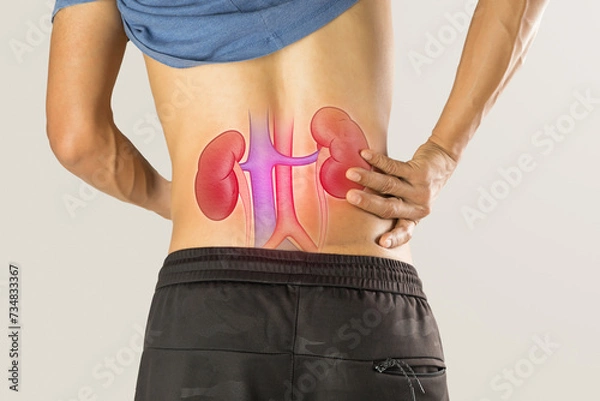 Fototapeta Men with kidney failure on  a gray background.