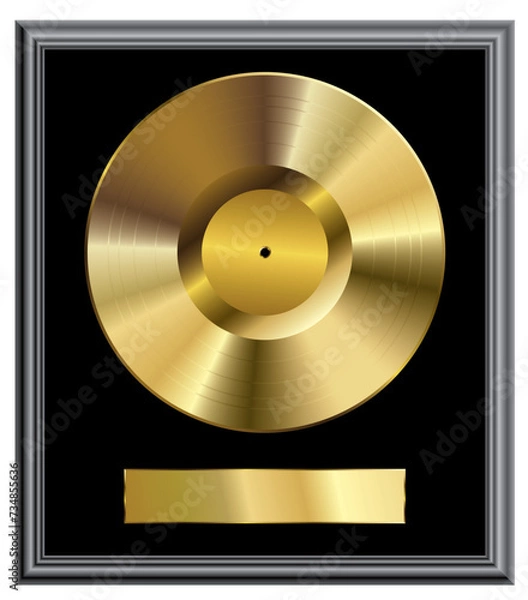 Fototapeta realistic golden vinyl plate in frame, retro music success background