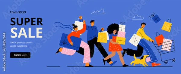 Fototapeta A crowd of happy people is running with purchases. Sale, shopping goods with low prices, and consumerism concept. Vector flat illustration for web banner, or promo.
