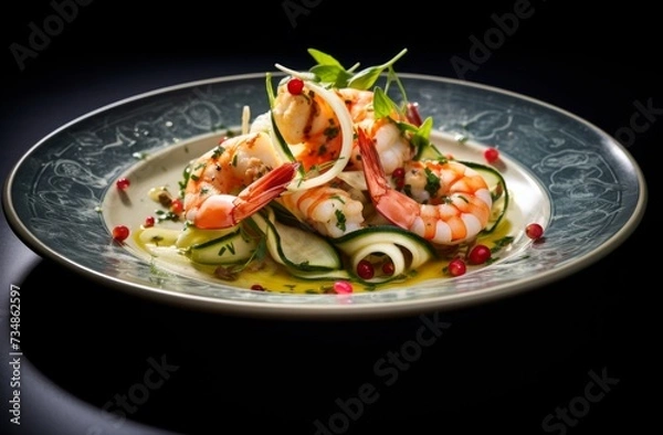 Fototapeta shrimp and zucchini marinated in lemon juice with vegetables on side plate