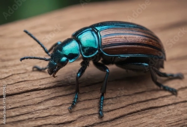 Fototapeta Close-up of a shiny blue beetle on a wooden surface in a forest with a blurred background