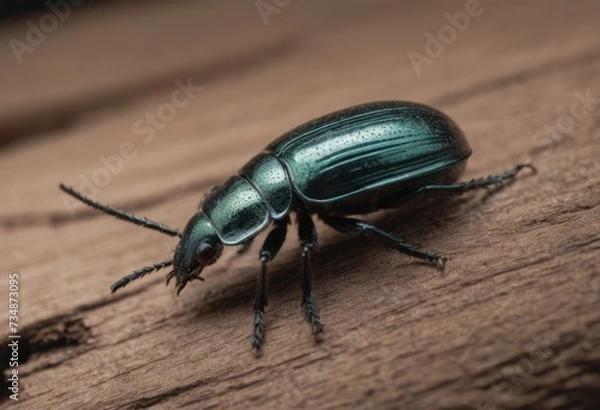 Fototapeta Close-up of a shiny blue beetle on a wooden surface in a forest with a blurred background