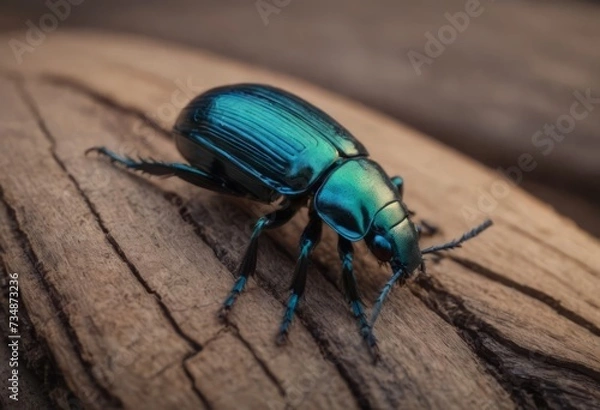 Fototapeta Close-up of a shiny blue beetle on a wooden surface in a forest with a blurred background