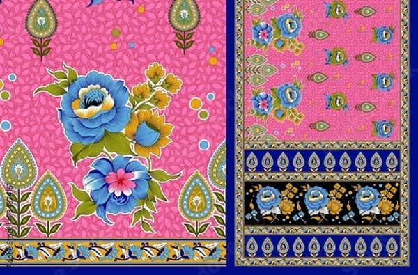 Obraz multi patterns with colorful sari design for textile printed u can used texture, graphic, background. Abstract border pattern geometrical textile saree in colorful background and digital Flower design